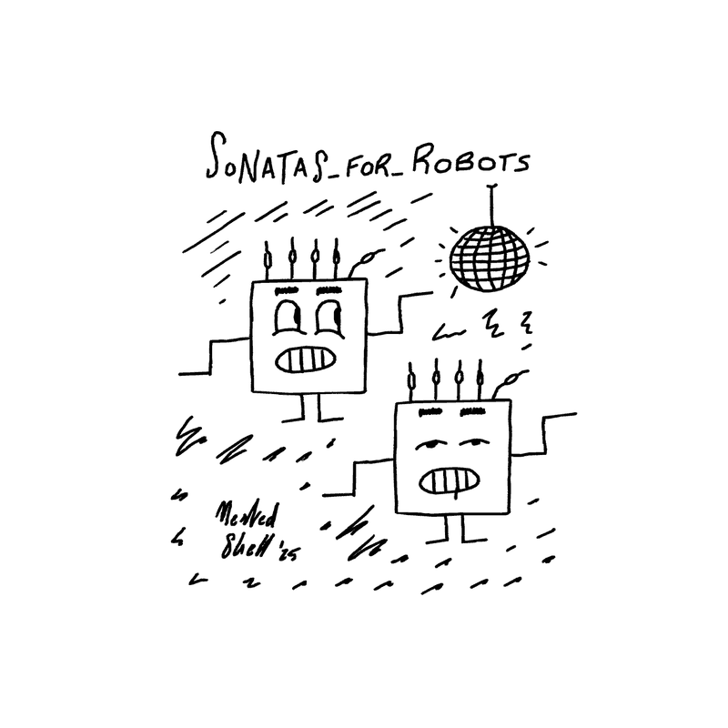 SONATAS_FOR_ROBOTS cover drawing: two robots dancing under a disco ball